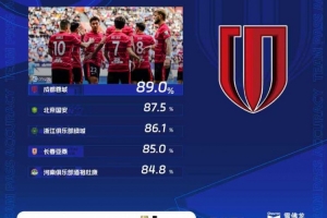中超第30轮传球成功率榜：蓉城89%居首，国安、浙江列二三位