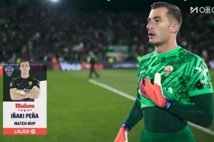 完成5次扑救！官方：埃尔切门将佩尼亚当选全场最佳球员